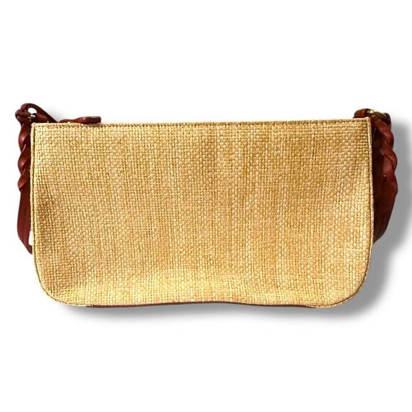 VTG Etienne Aigner Woven Straw & Cranberry Trim Shoulder Bag Wood Sandal Fob - Picture 3 of 14